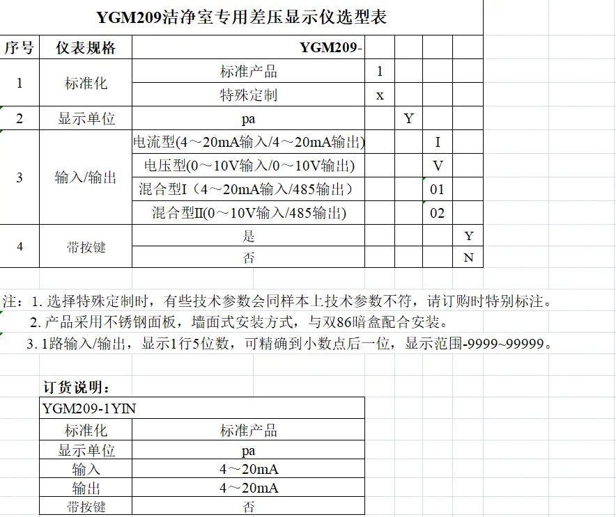 YGM209洁净室专用差压显示仪洁净房显示屏洁净室差压仪嵌入式差压仪